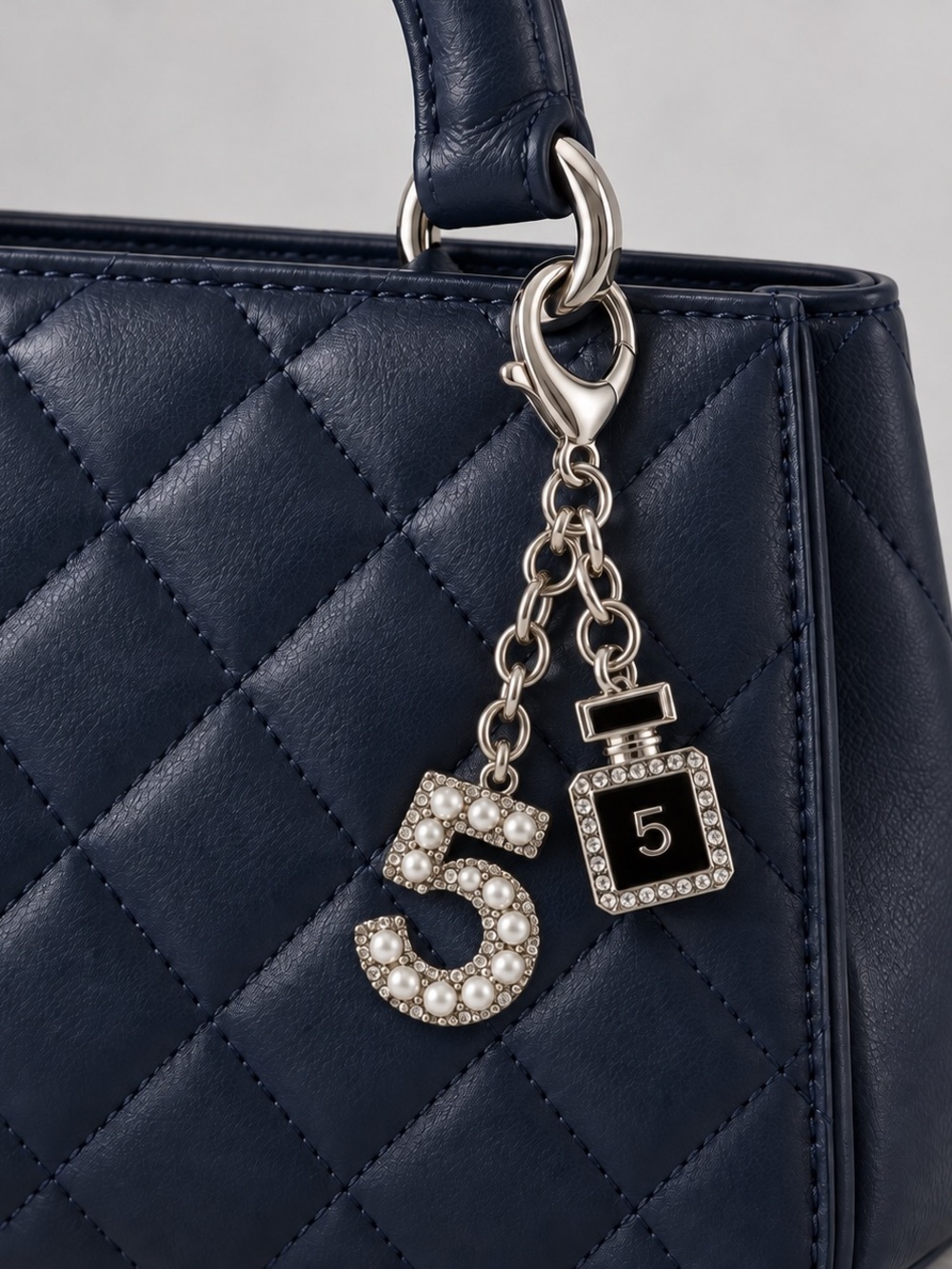Fashion Jewelry Navy Quilted Tote Charm or Key Chain Choice: Gold or Silver